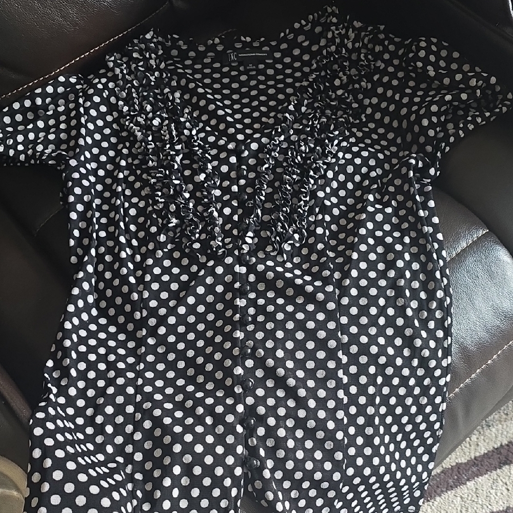 INC International Concepts Black and White Ruffled Bib Collar Blouse